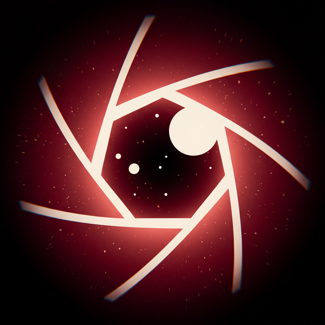 The Sacred Eye — Sacred Studios' heptagonal mascot mark on black