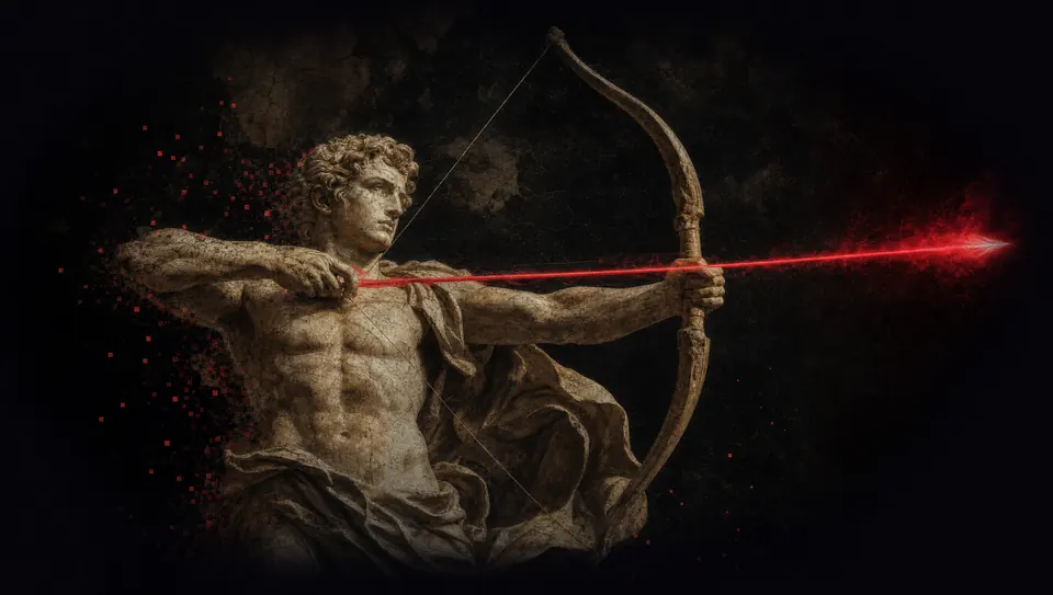 A classical archer loosing a crimson arrow of light toward its mark — spend aimed at margin