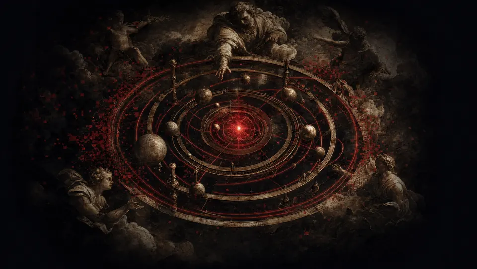 A fresco orrery whose crimson orbits converge on a single bright point — every signal, one screen