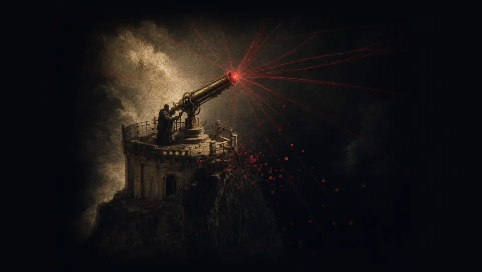 An observatory telescope drawing many crimson threads of light into a single point — every signal, one lens