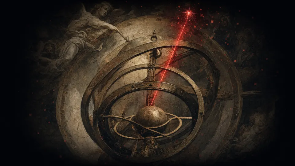 A fresco astrolabe with a crimson line of light climbing through its rings — rankings ascending