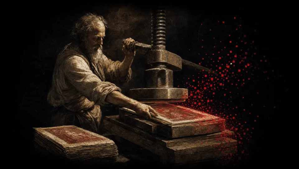 An antique printing press throwing crimson pixels off freshly pressed sheets — publishing that replicates itself