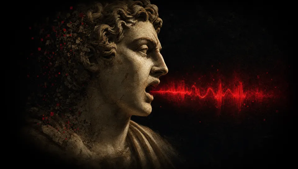 A classical marble bust speaking a crimson soundwave into the dark — the voice agent that never sleeps
