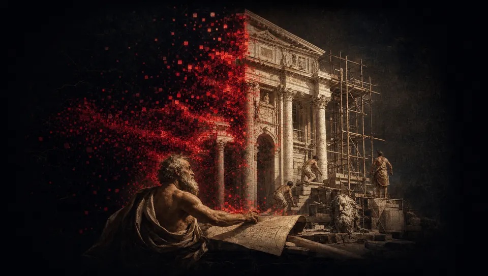 A Renaissance facade assembling itself out of a swirl of crimson pixels — a site built from light