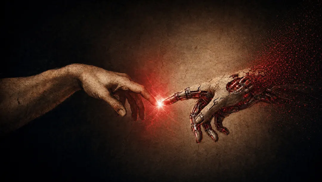 The Creation of Adam reimagined — a human hand meeting an AI hand dissolving into crimson pixels